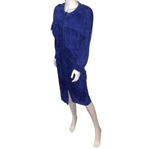 Vintage Pia Rucci Royal Blue Suede Leather Button Down Midi Shirt Dress Womens 6